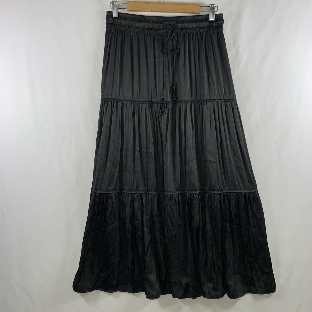 Joie Boho Satin Tiered Maxi Skirt Small Black Beaded Tassle Whimsigoth Romantic